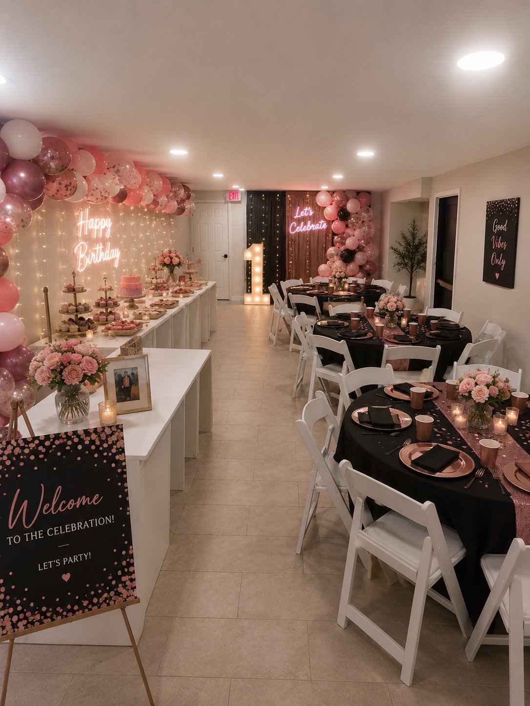 Elegant celebration with rose-gold accents, florals, and candlelit round tables