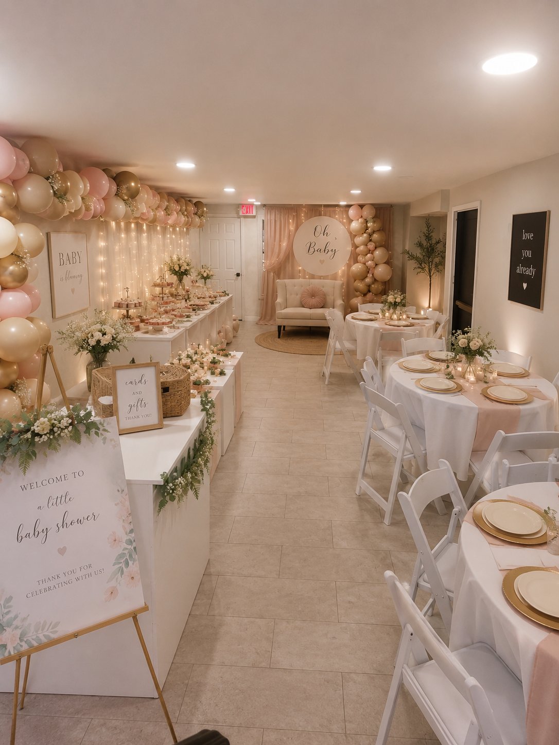 Baby shower setup with pink and gold balloon garland, dessert tables, and round guest tables