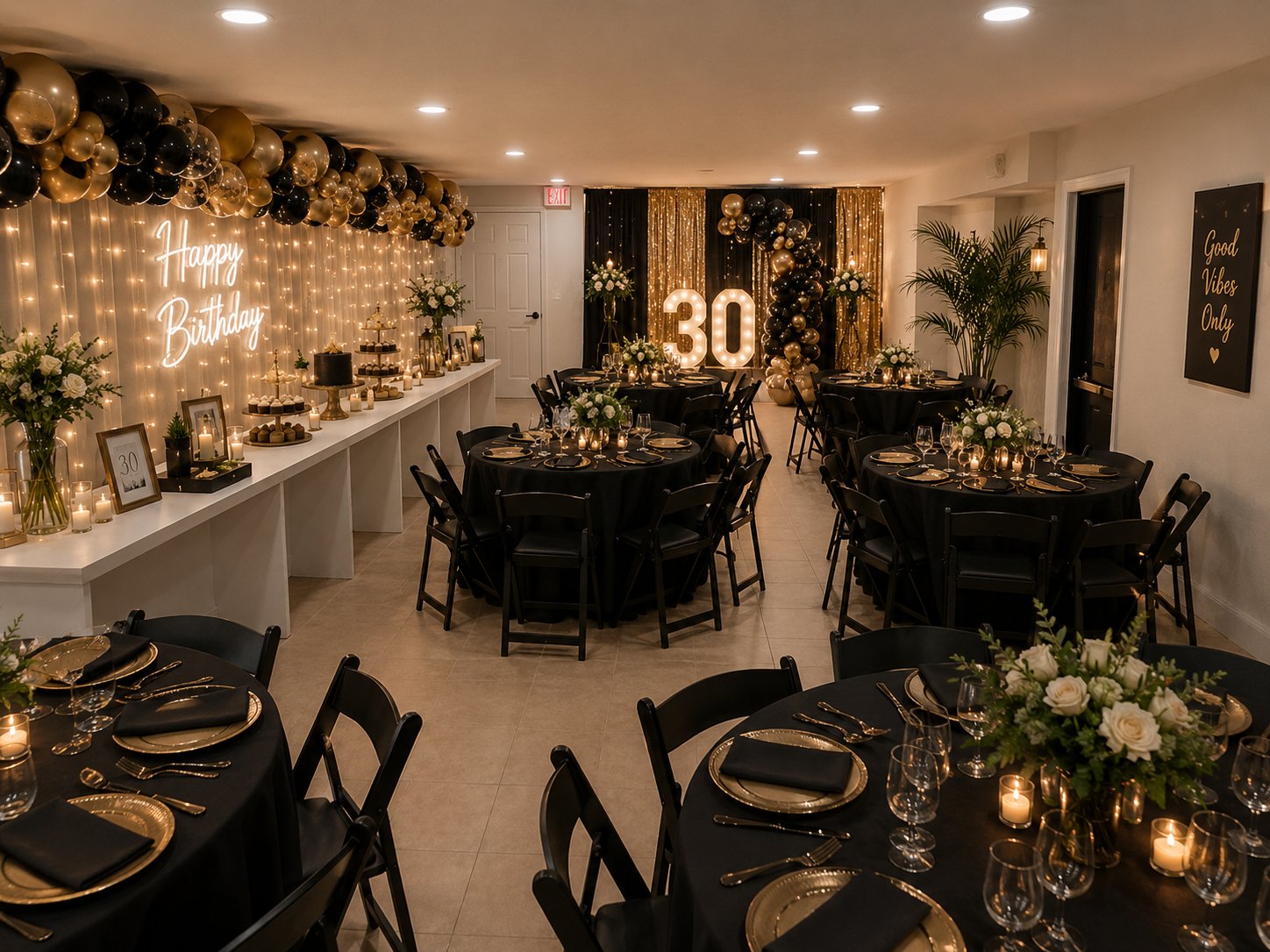 Black and gold 30th birthday party with marquee numbers, balloon garland, and candlelit tables