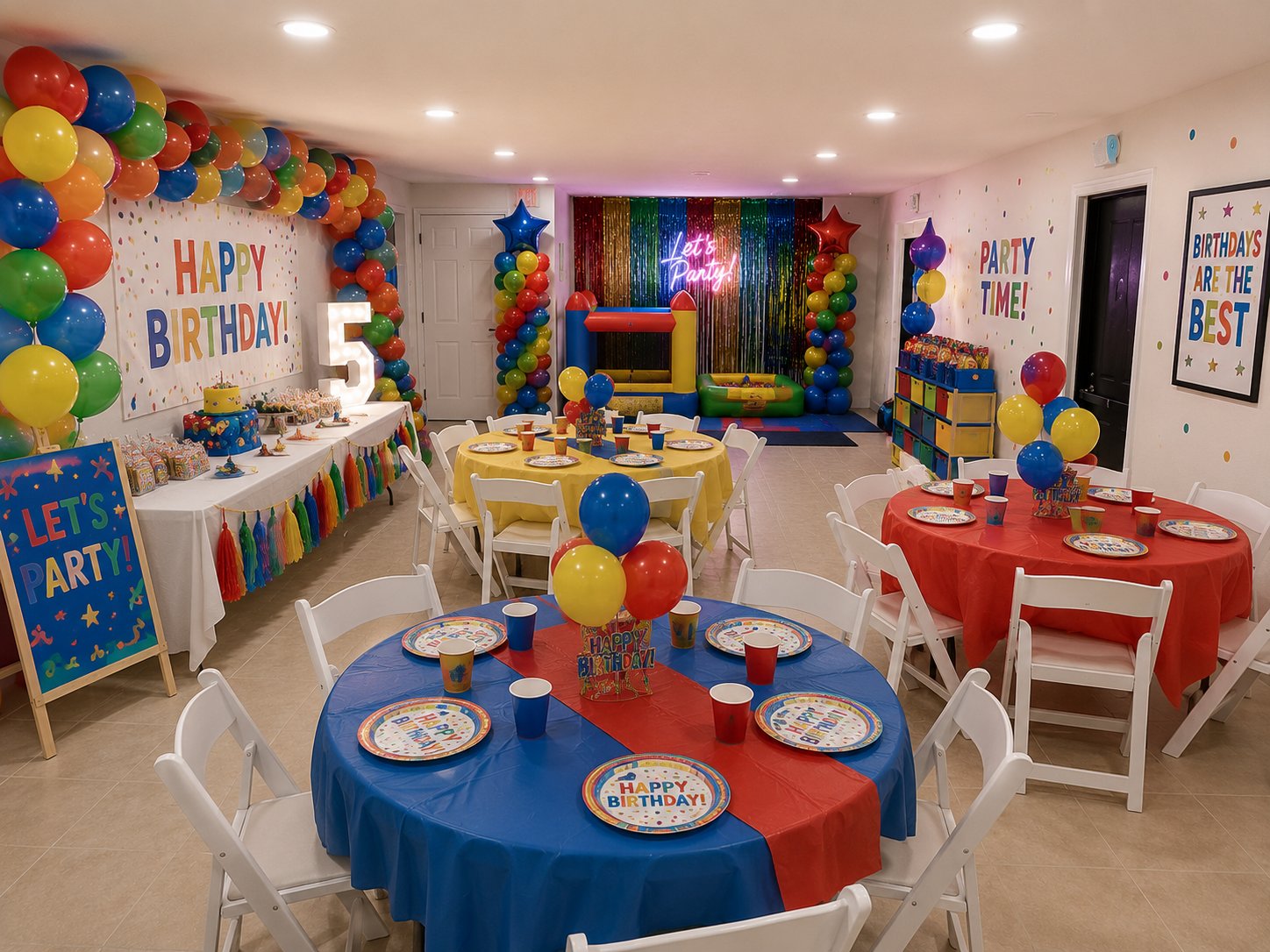 Colorful kids' birthday party with balloon arch and bounce house