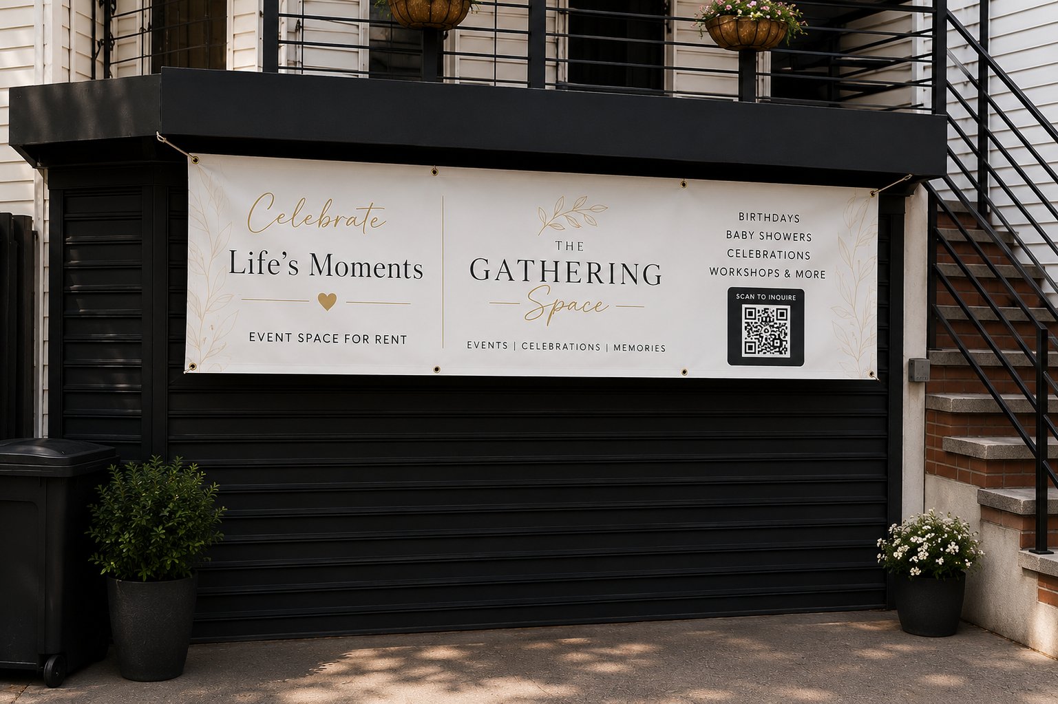The Gathering Space exterior with Celebrate Life's Moments banner on a black storefront