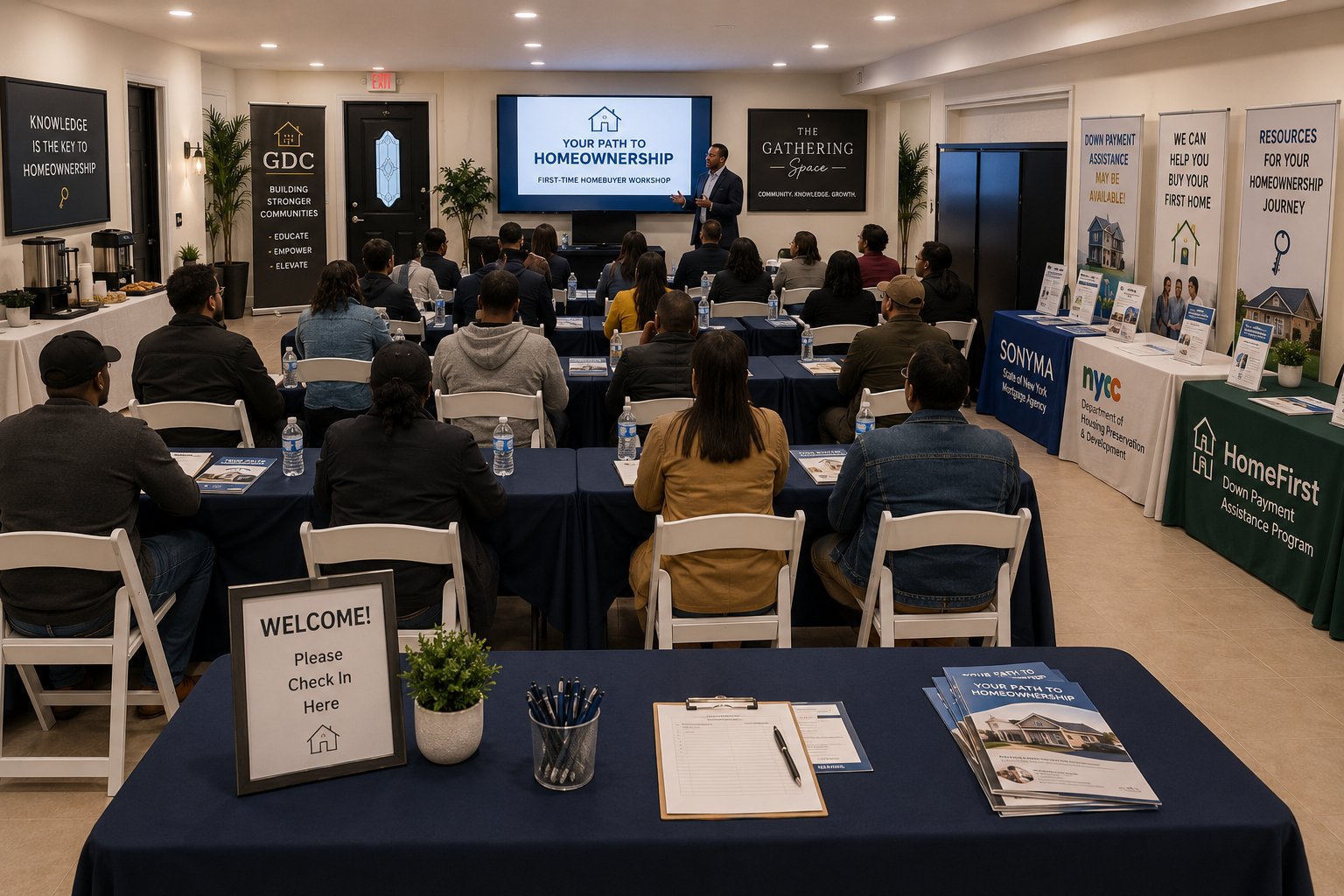 First-time homebuyer workshop with presenter, screen, and seated attendees